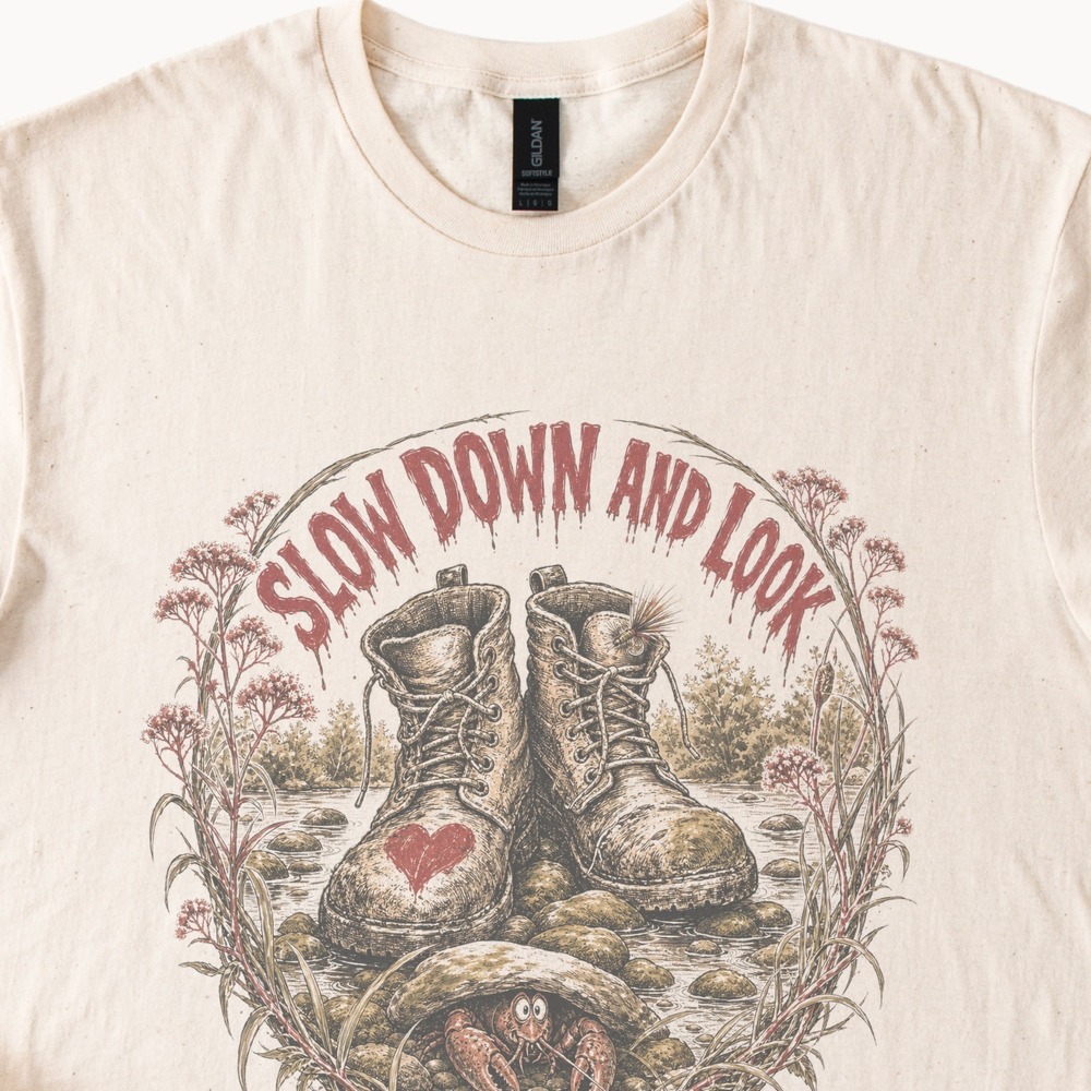 Slow Down and Look Hiking Boots Graphic Tee Nature Illustration